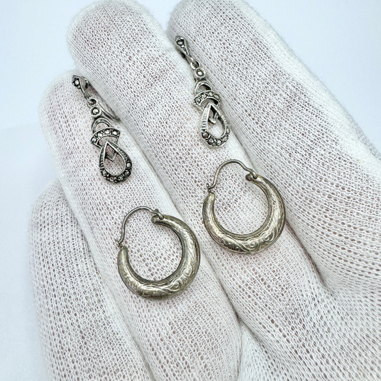 Vintage 1940s. Two Pair of Silver Earrings.