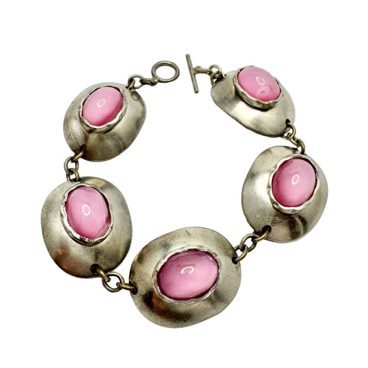 Denmark 1960-70s. Vintage Pewter Pink Art Glass Bracelet.
