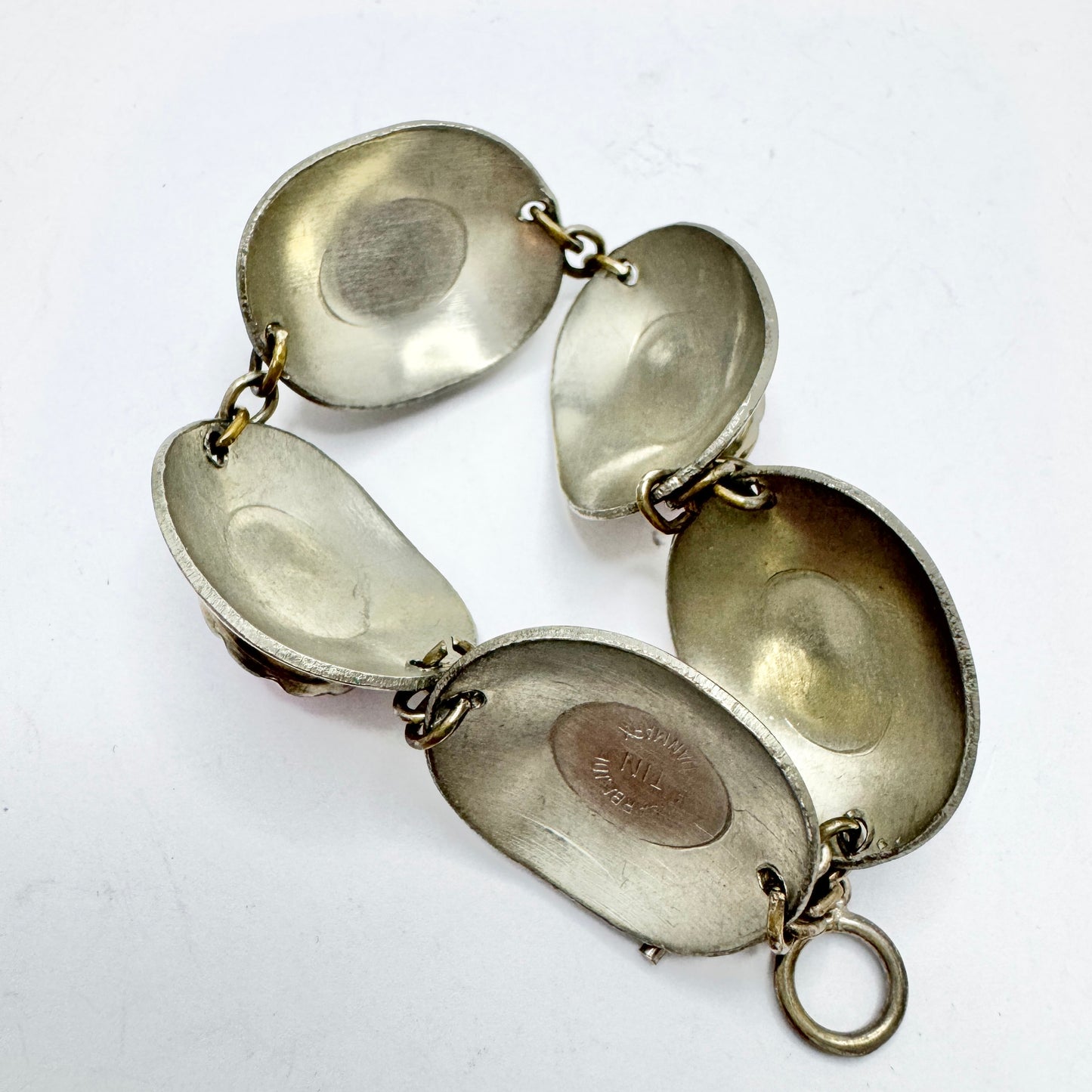 Denmark 1960-70s. Vintage Pewter Pink Art Glass Bracelet.
