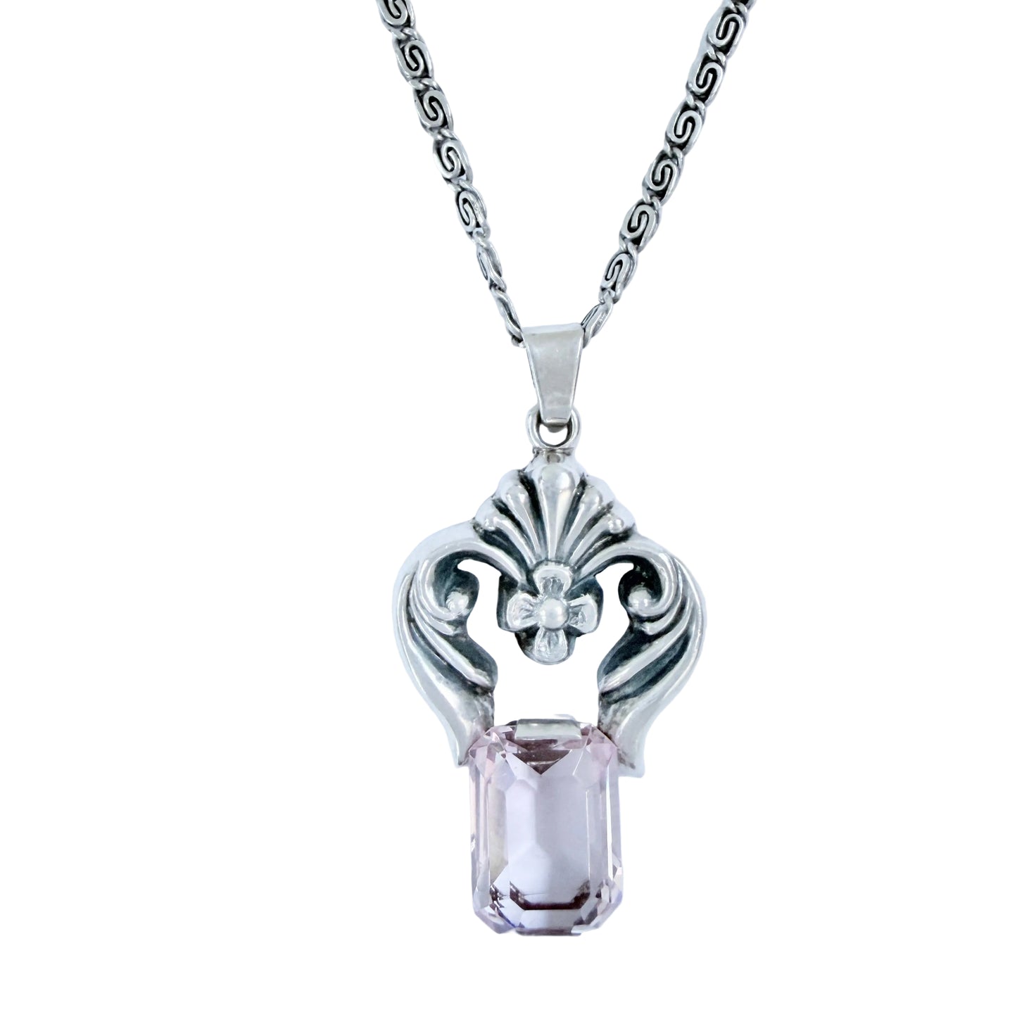 Per Emilson, Sweden 1948. Vintage Solid Silver Pink Glass Pendant Necklace.