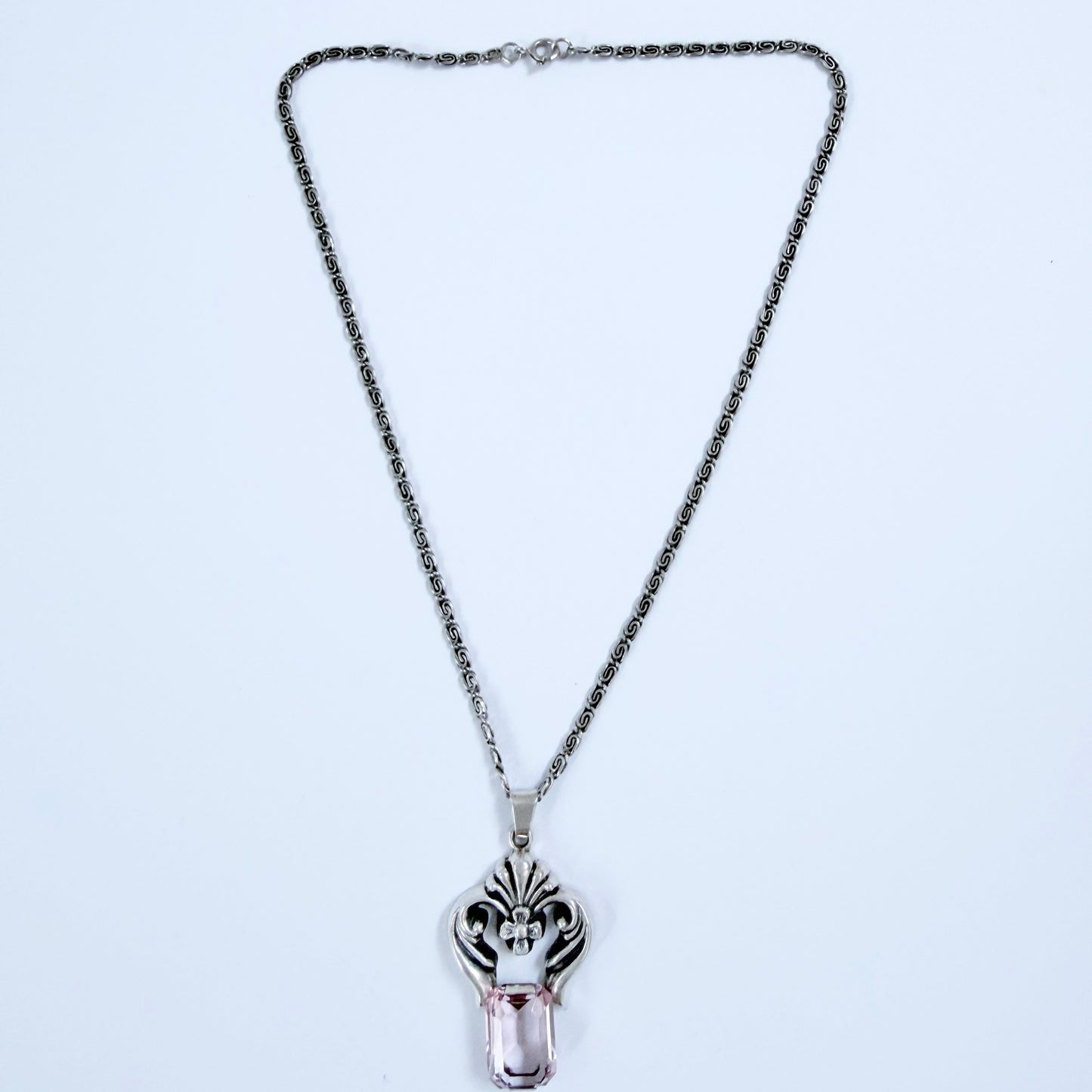 Per Emilson, Sweden 1948. Vintage Solid Silver Pink Glass Pendant Necklace.