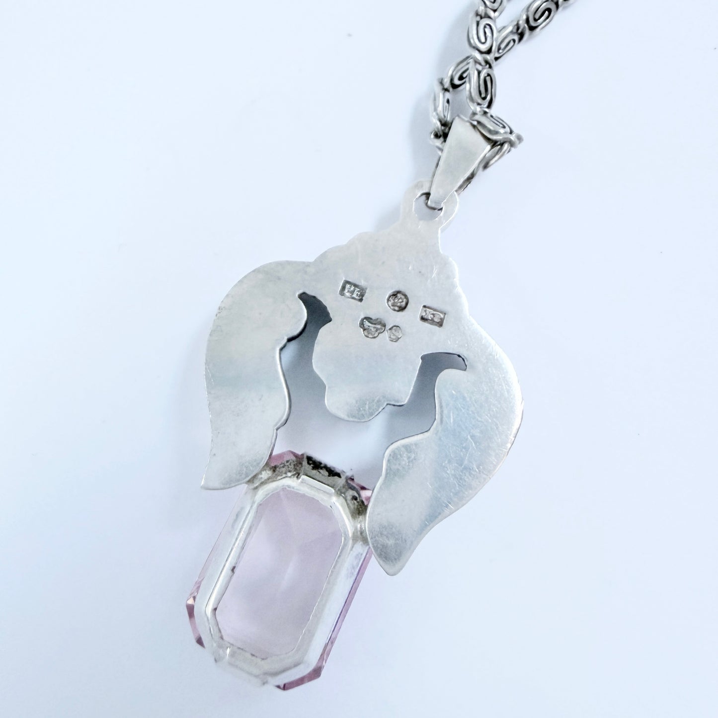 Per Emilson, Sweden 1948. Vintage Solid Silver Pink Glass Pendant Necklace.