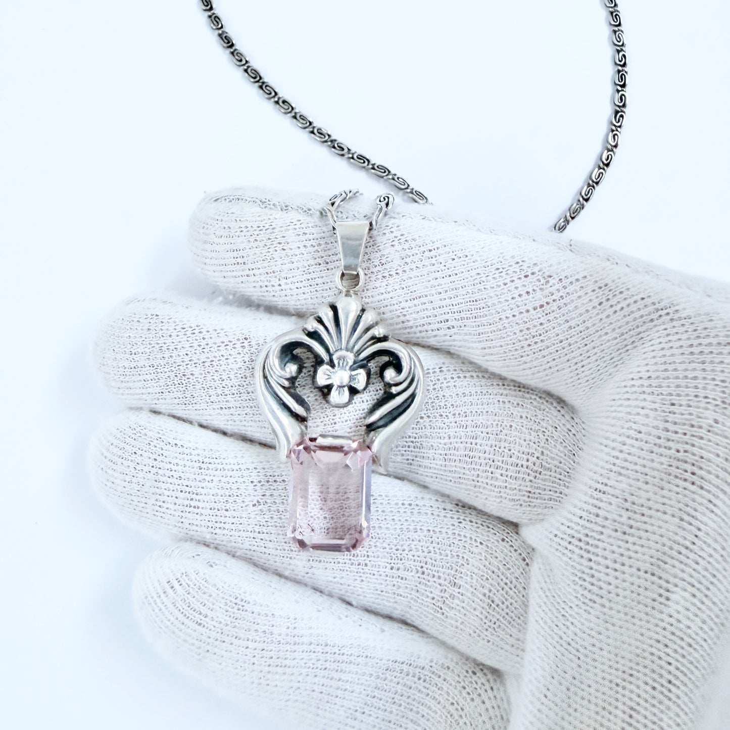 Per Emilson, Sweden 1948. Vintage Solid Silver Pink Glass Pendant Necklace.