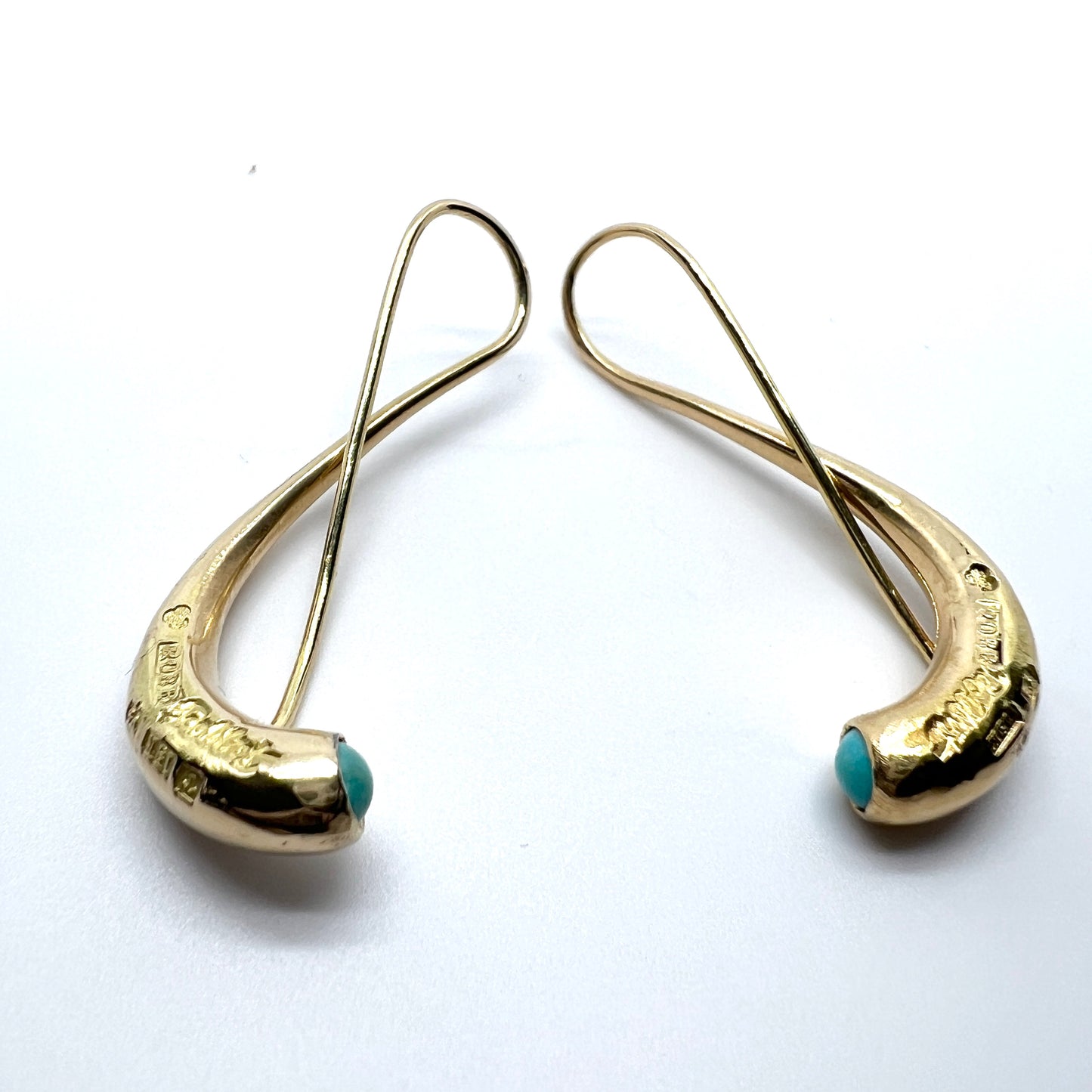 Robbert, Sweden 1965. Unique Vintage Modernist 18k Gold Turquoise Earrings. Signed