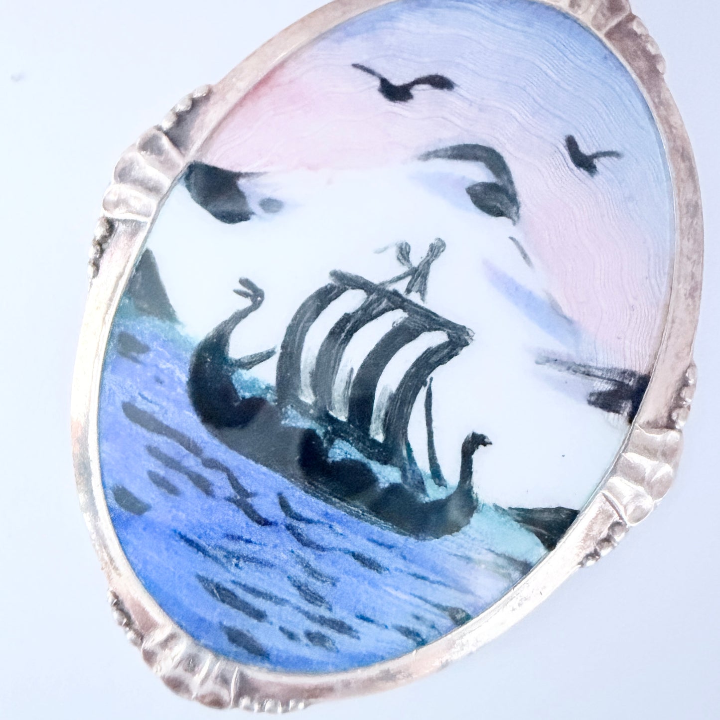 Arne Nordlie, Norway. Vintage Sterling Silver Enamel Viking Ship Pendant.