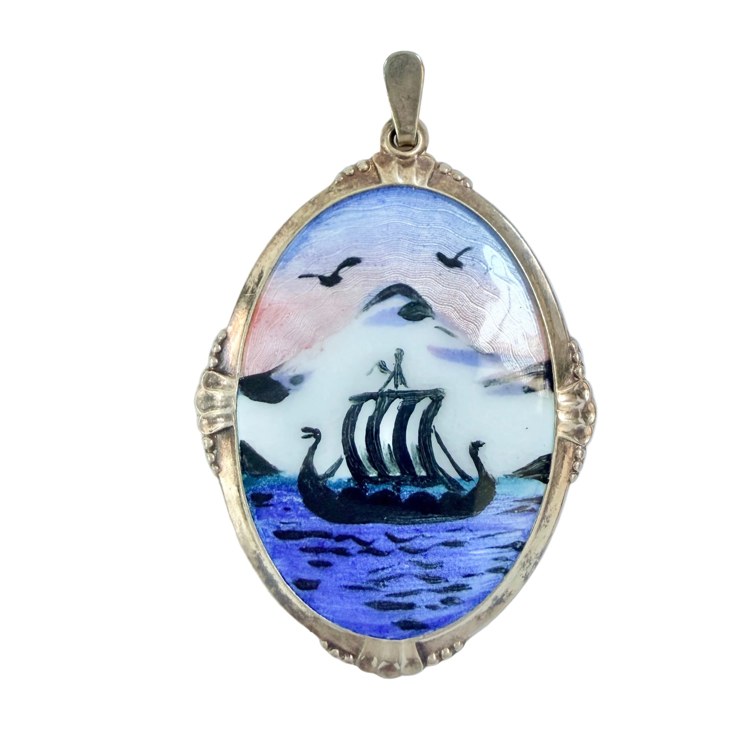 Arne Nordlie, Norway. Vintage Sterling Silver Enamel Viking Ship Pendant.