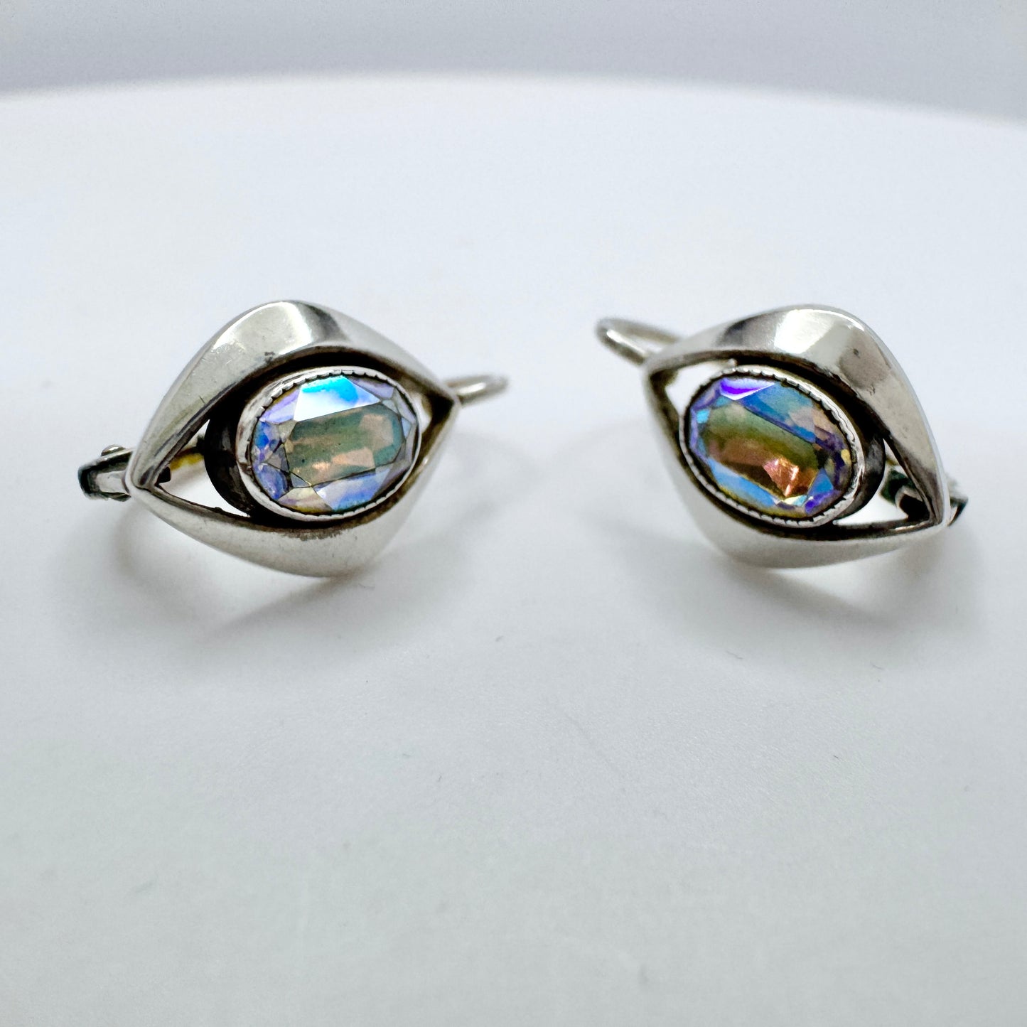 Vintage c 1960s Solid 835 Silver Aurora Borealis Earrings.