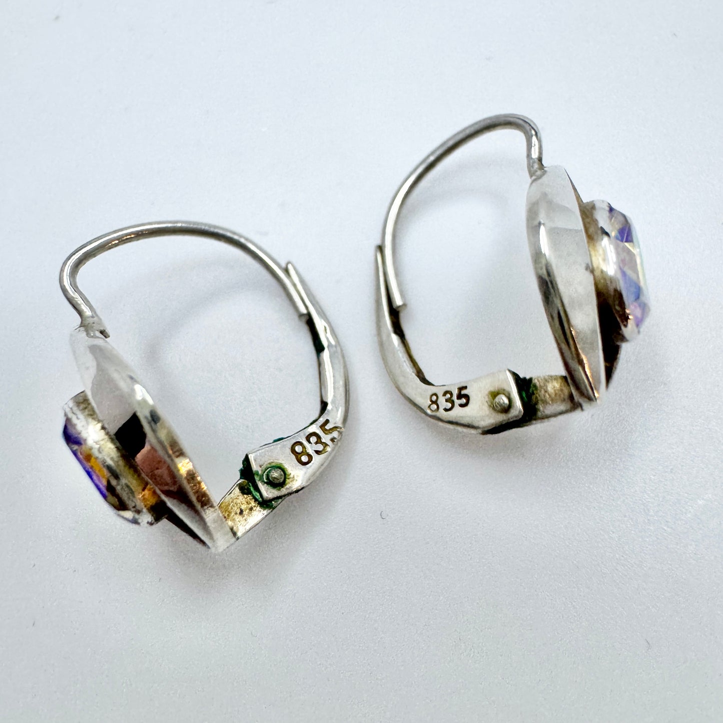 Vintage c 1960s Solid 835 Silver Aurora Borealis Earrings.