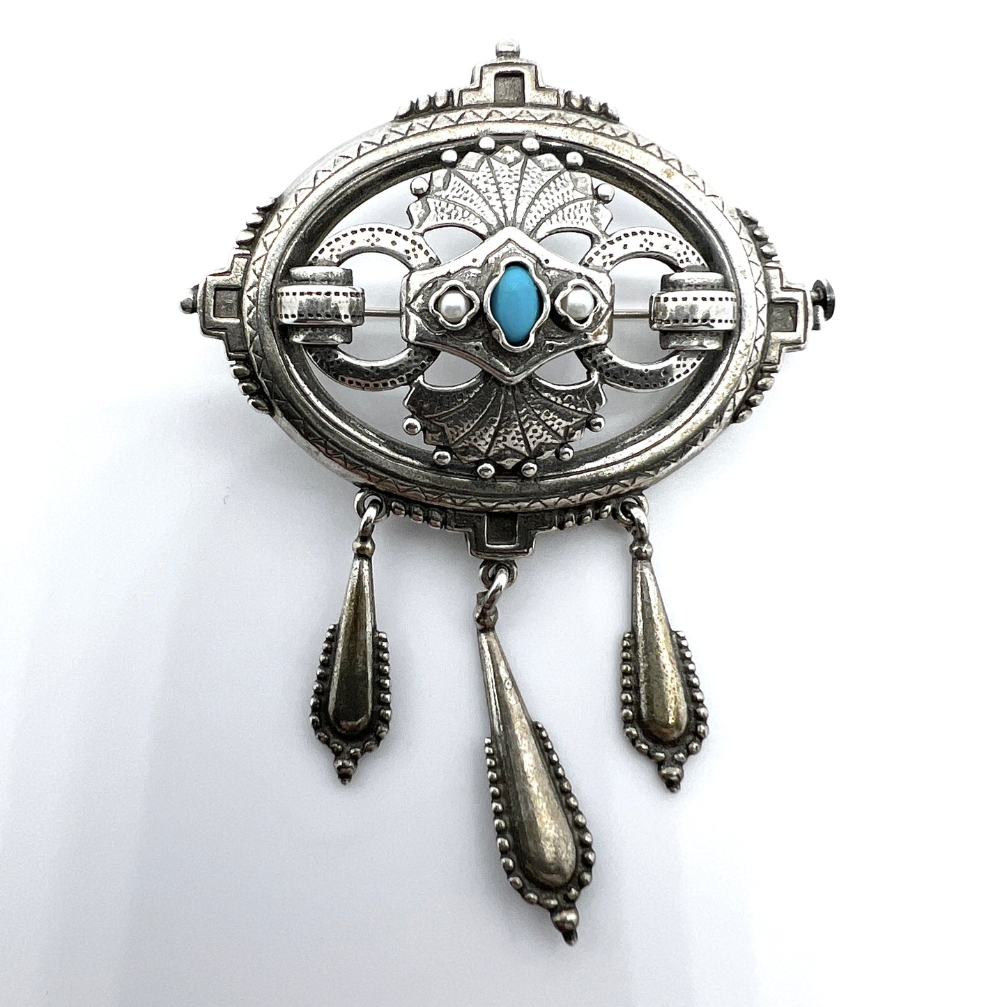 Kalevala Koru, Finland 1998. Vintage Sterling Silver Turquoise Pearl Brooch Pendant.