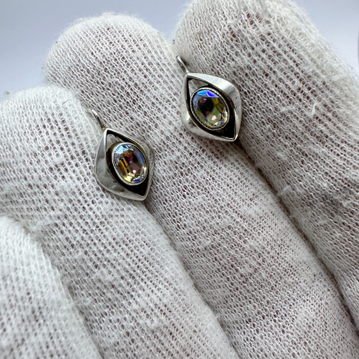Vintage c 1960s Solid 835 Silver Aurora Borealis Earrings.