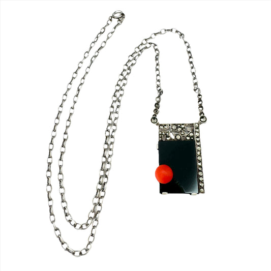 Vintage 1920-30s Art Deco Sterling 935 Silver Onyx Coral Marcasite Pendant necklace.