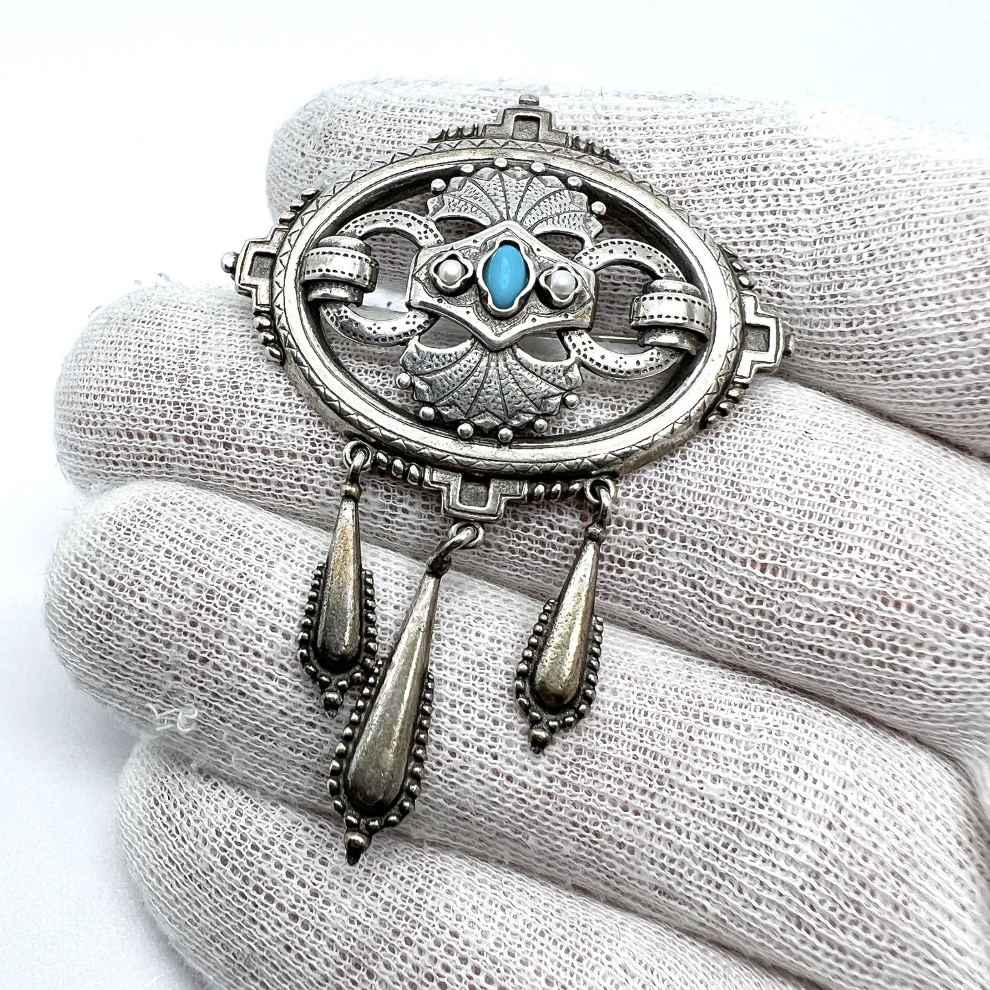 Kalevala Koru, Finland 1998. Vintage Sterling Silver Turquoise Pearl Brooch Pendant.