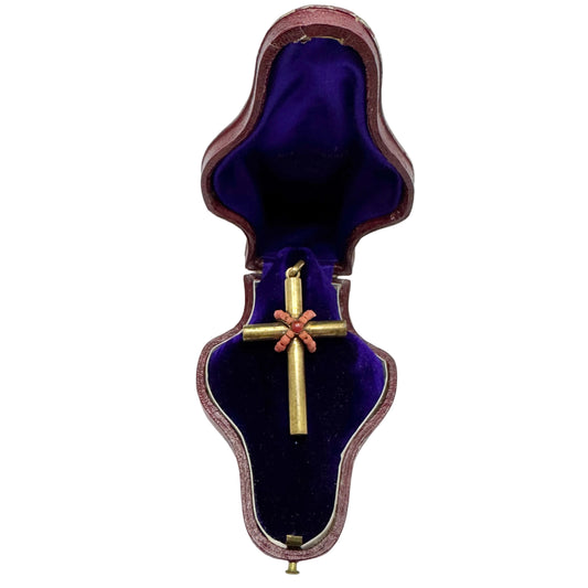 Antique Tombac Coral Cross Pendant. In Original Fitted Box.