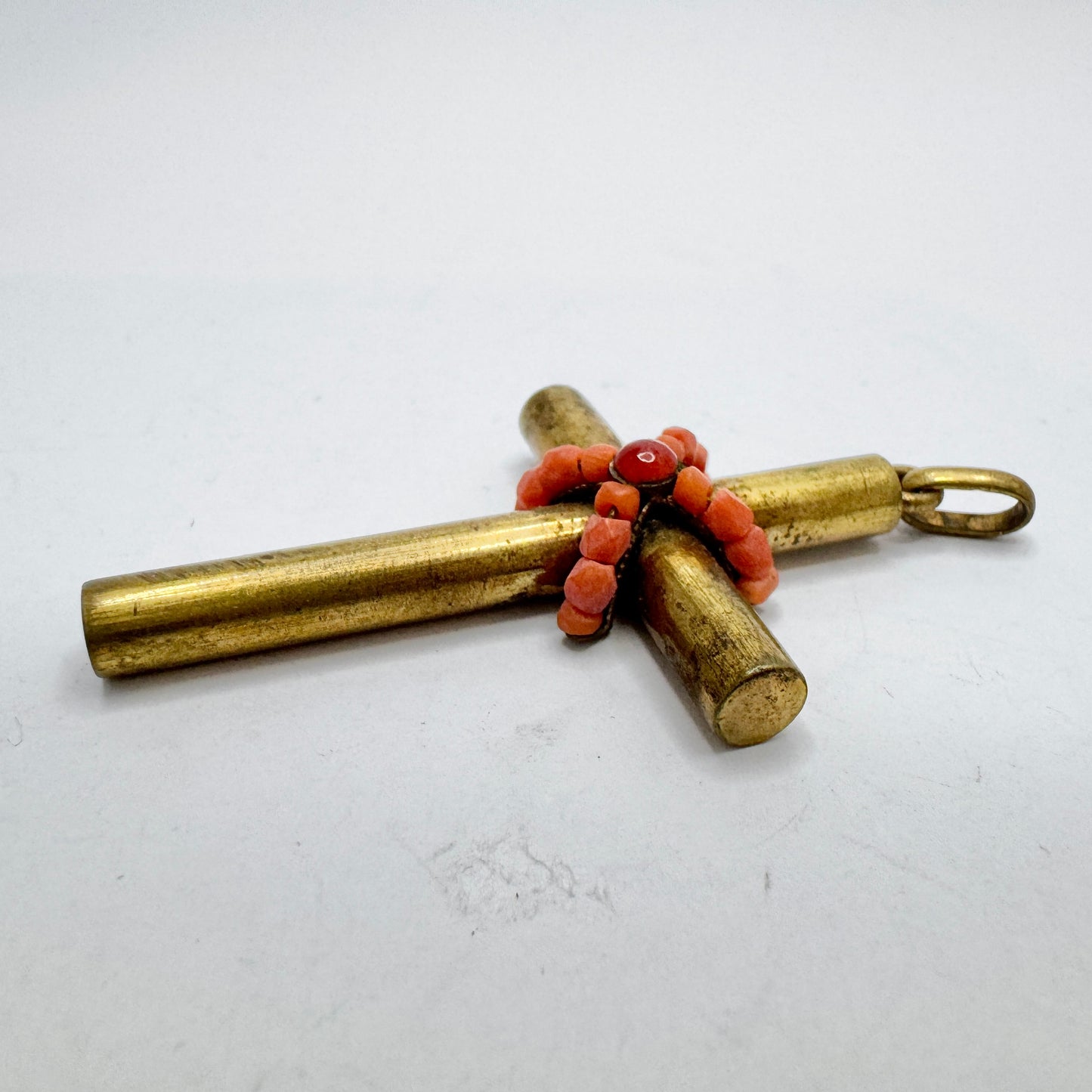 Antique Tombac Coral Cross Pendant. In Original Fitted Box.