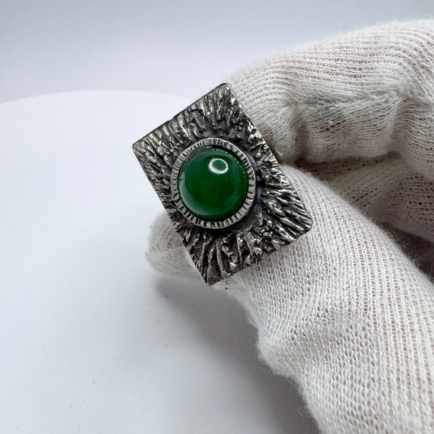 Vintage 1970s Pewter Green Paste Ring. Prob. Denmark