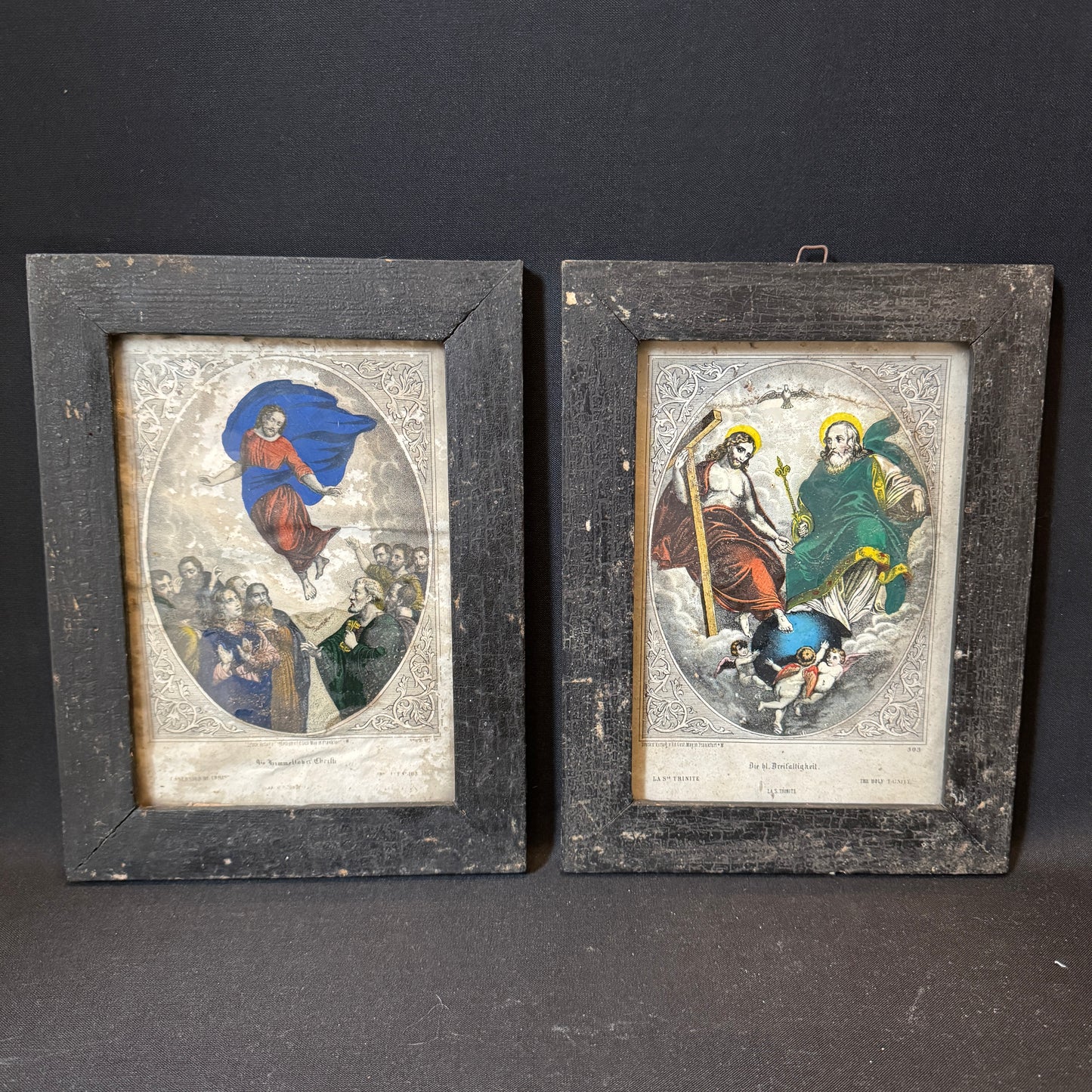 Two Framed Antique Colored Prints with Religious Motif.