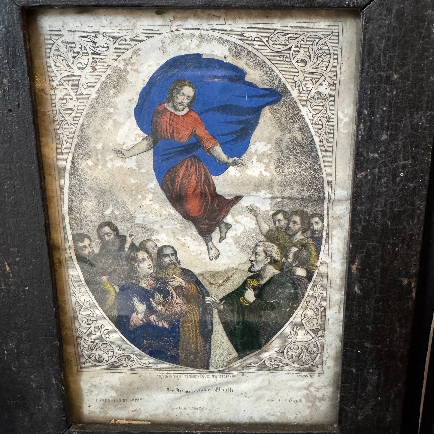 Two Framed Antique Colored Prints with Religious Motif.