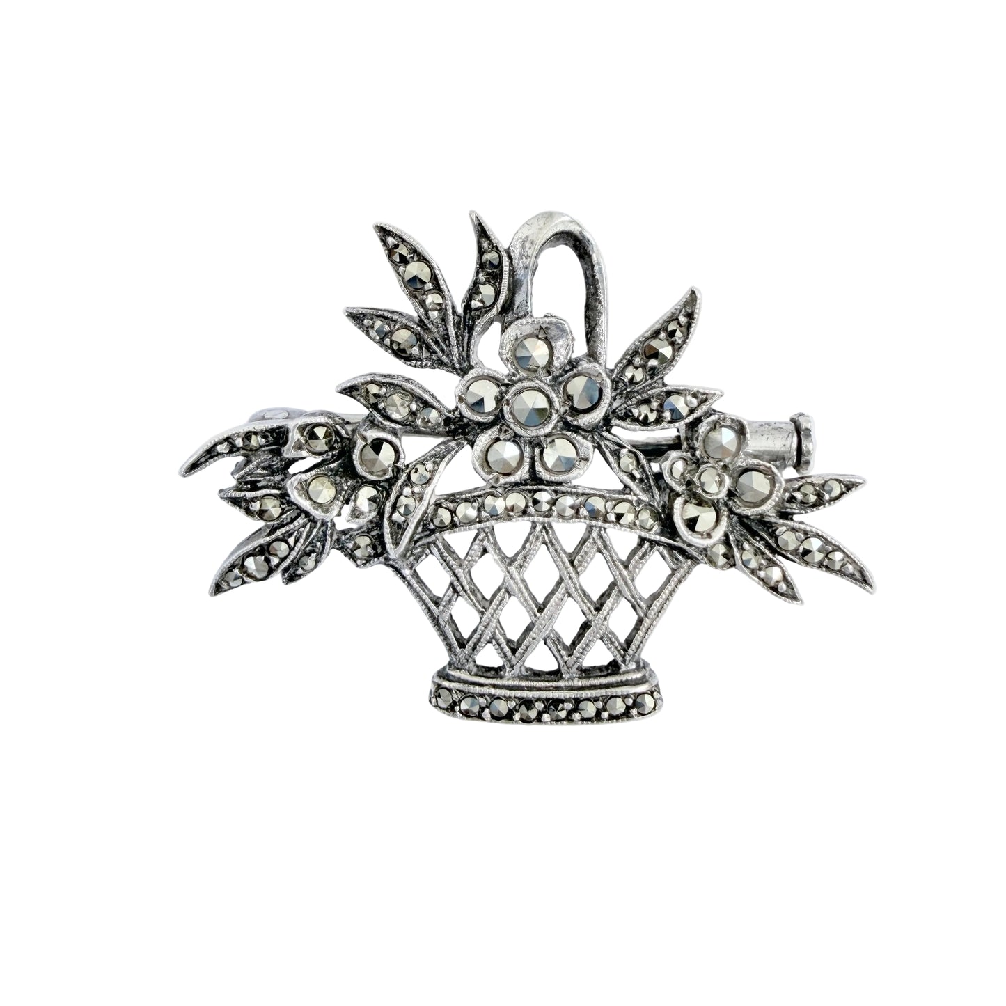 France c 1940-50s. Silver Silver Marcasite Flower Basket Brooch.