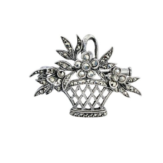 France c 1940-50s. Silver Silver Marcasite Flower Basket Brooch.