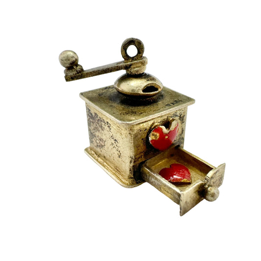 Austria c 1900. Antique Gilt Solid Silver Enamel Novelty Coffee Grinder Charm Pendant.