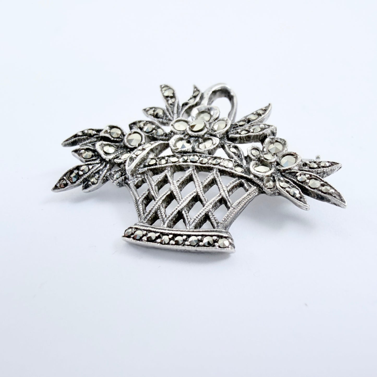 France c 1940-50s. Silver Silver Marcasite Flower Basket Brooch.
