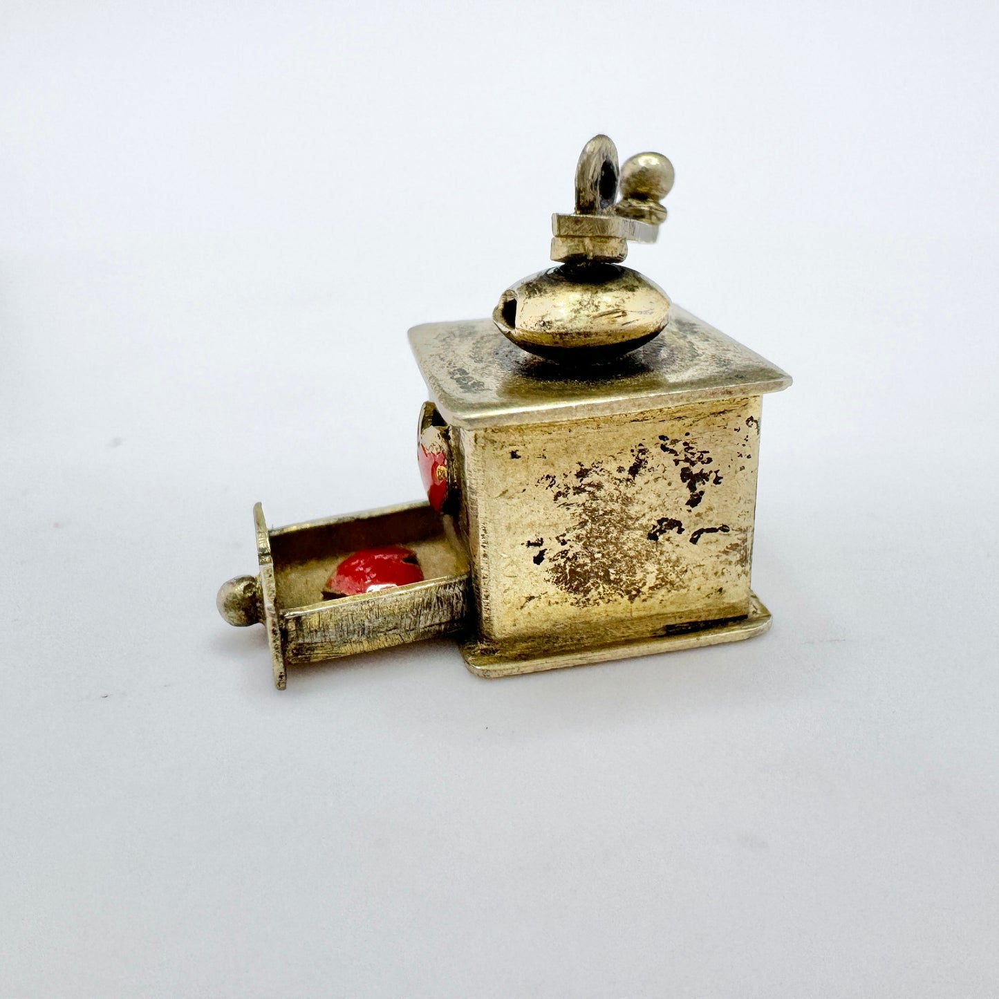 Austria c 1900. Antique Gilt Solid Silver Enamel Novelty Coffee Grinder Charm Pendant.