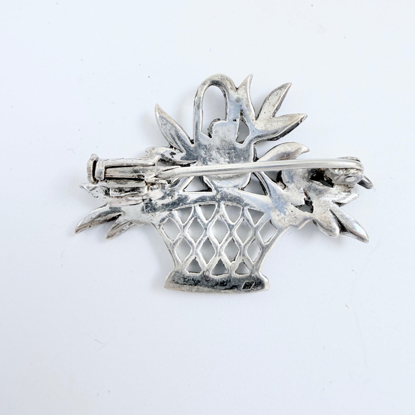 France c 1940-50s. Silver Silver Marcasite Flower Basket Brooch.