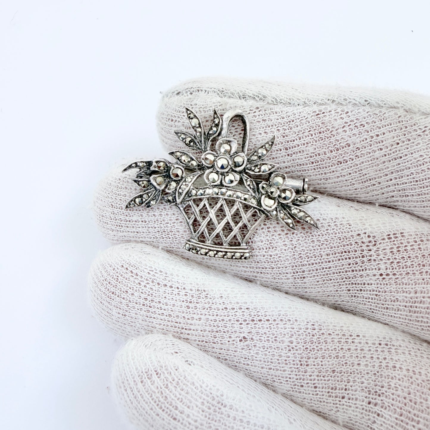 France c 1940-50s. Silver Silver Marcasite Flower Basket Brooch.