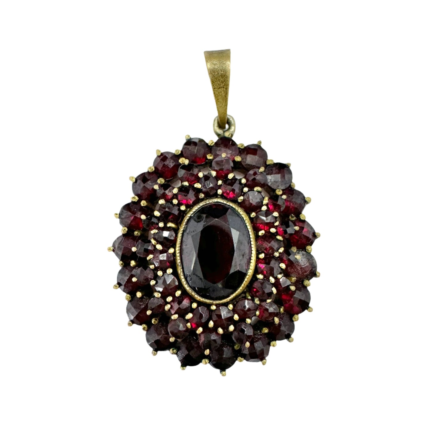 Early 1900s. Vintage Bohemian Garnet Gilt Metal Pendant.