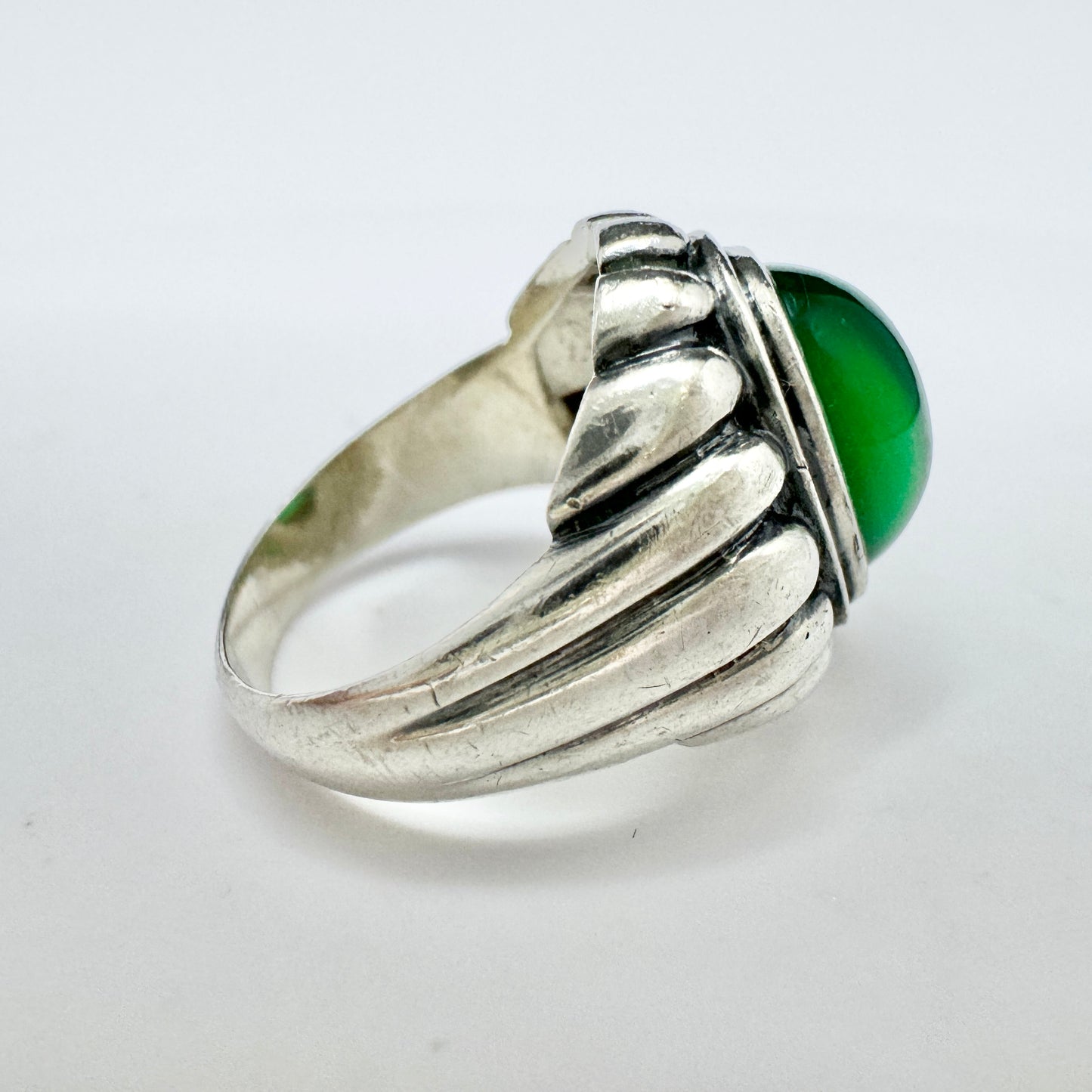 Sweden 1950s. Vintage Solid Silver Chrysoprase Ring.