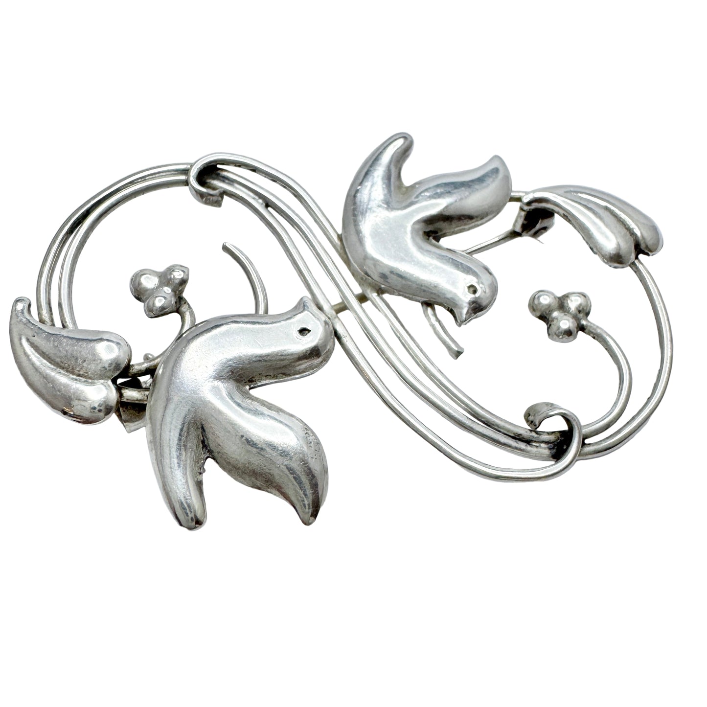 Sten Peterson, Sweden 1948. Large Sterling Silver Love Birds Brooch.