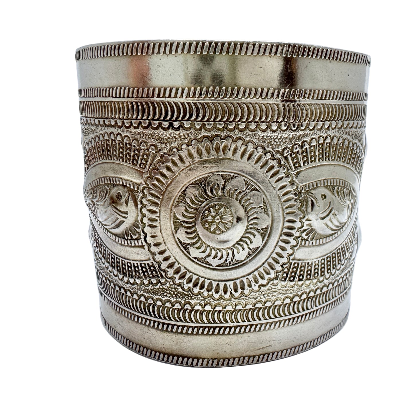 North Africa. Chunky 106gram Vintage Solid Silver Fish Flower Cuff Bracelet.