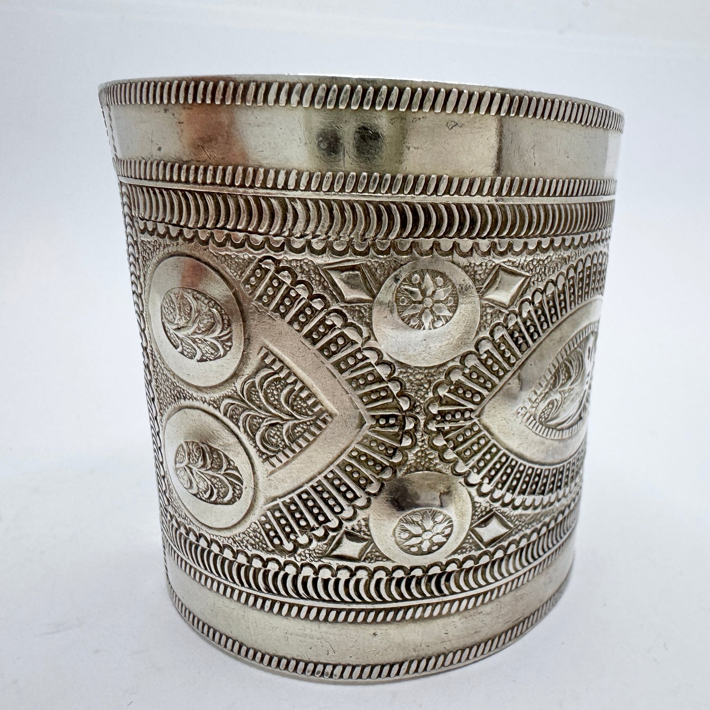 North Africa. Chunky 106gram Vintage Solid Silver Fish Flower Cuff Bracelet.