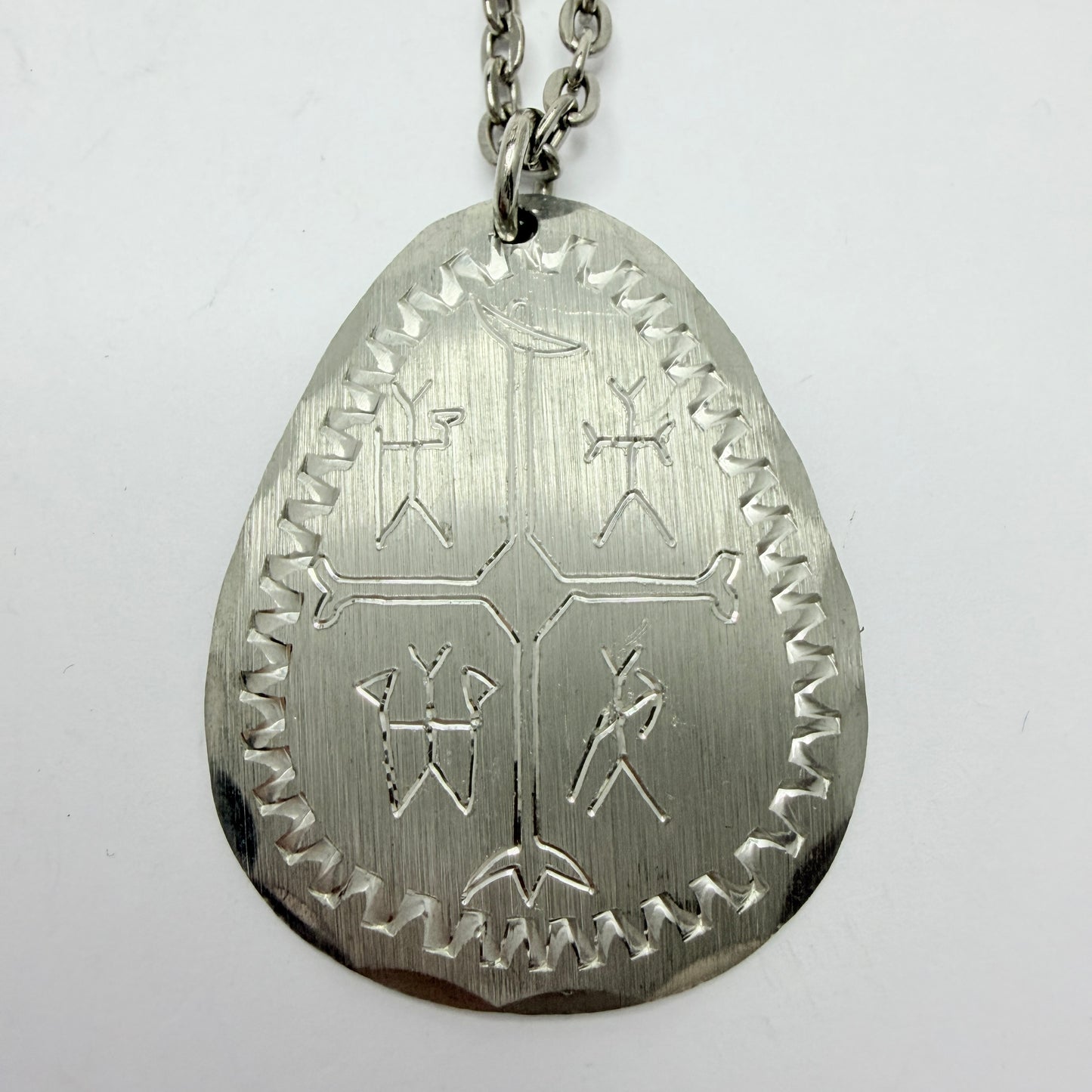 Sweden. Vintage Sami / Laplander Shaman Drum Design Pewter Pendant Necklace.