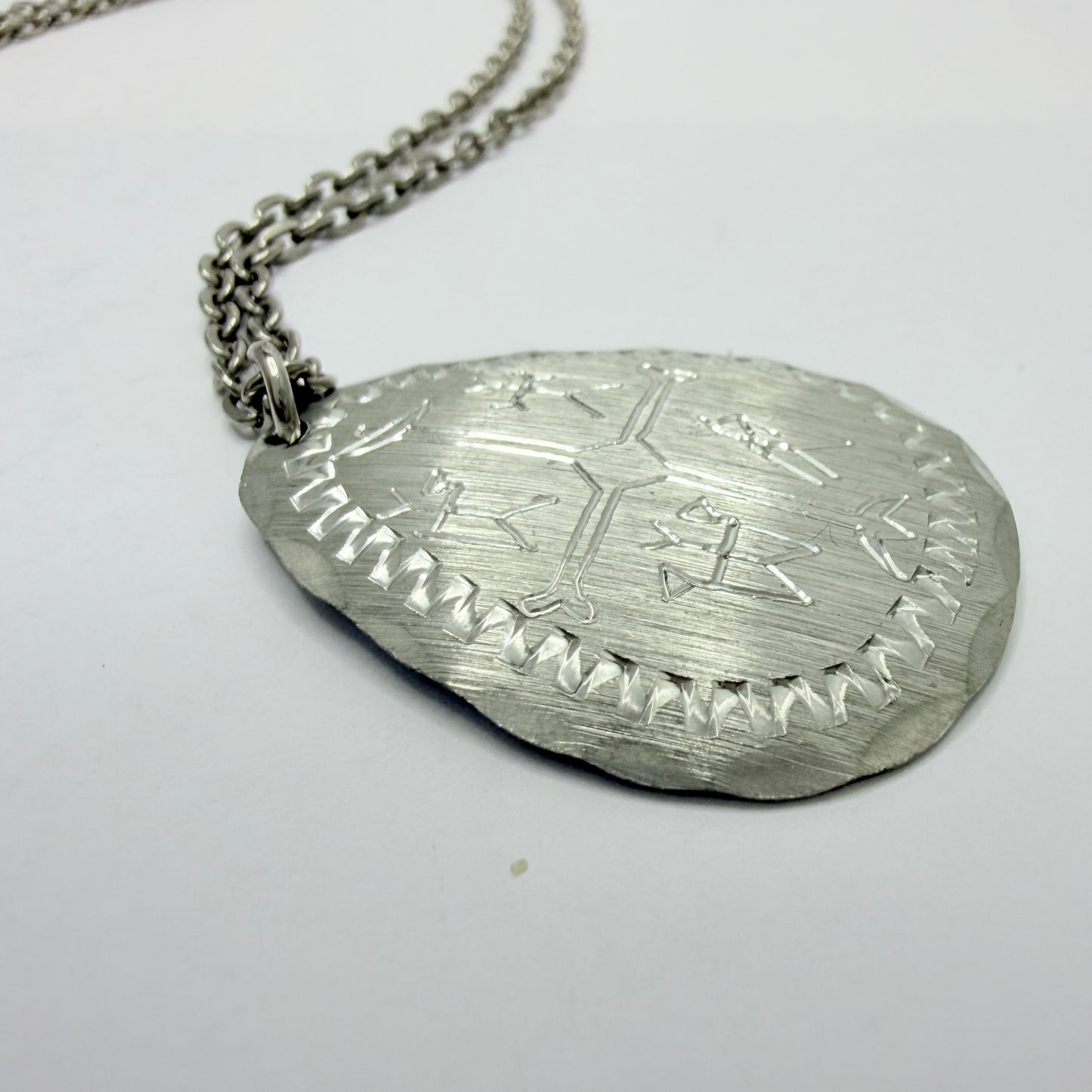 Sweden. Vintage Sami / Laplander Shaman Drum Design Pewter Pendant Necklace.