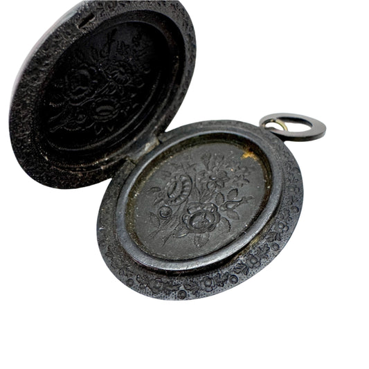Antique Victorian Vulcanite Mourning Locket Pendant.