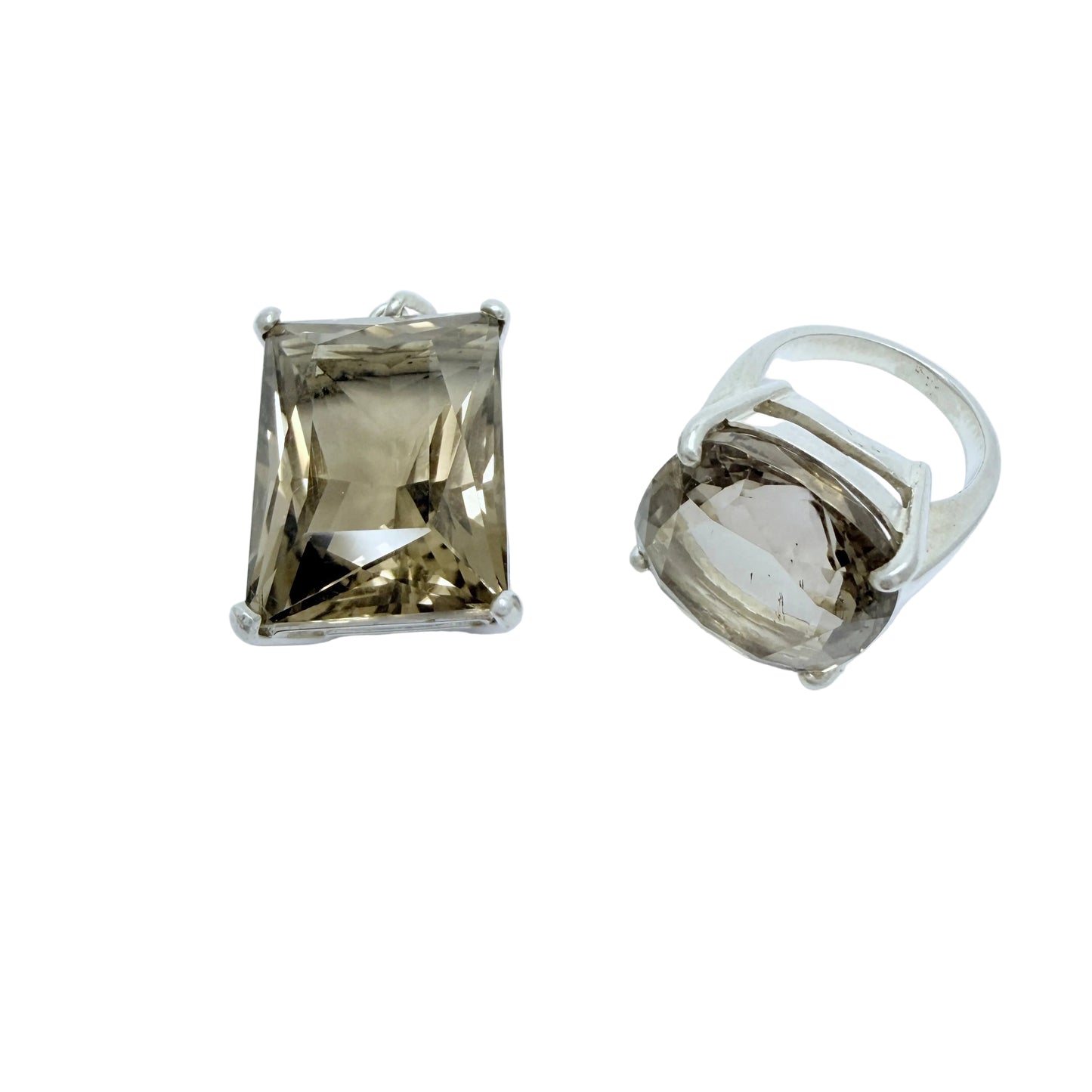 Vintage Sterling Silver Smoky Quartz Ring + Pendant.