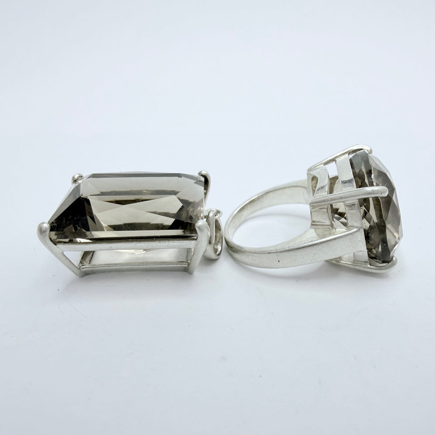 Vintage Sterling Silver Smoky Quartz Ring + Pendant.
