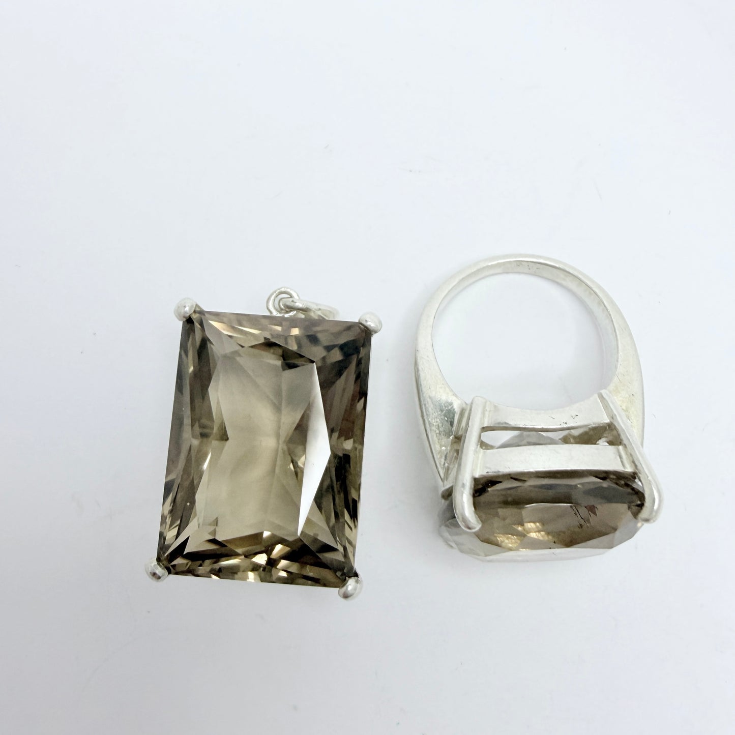 Vintage Sterling Silver Smoky Quartz Ring + Pendant.