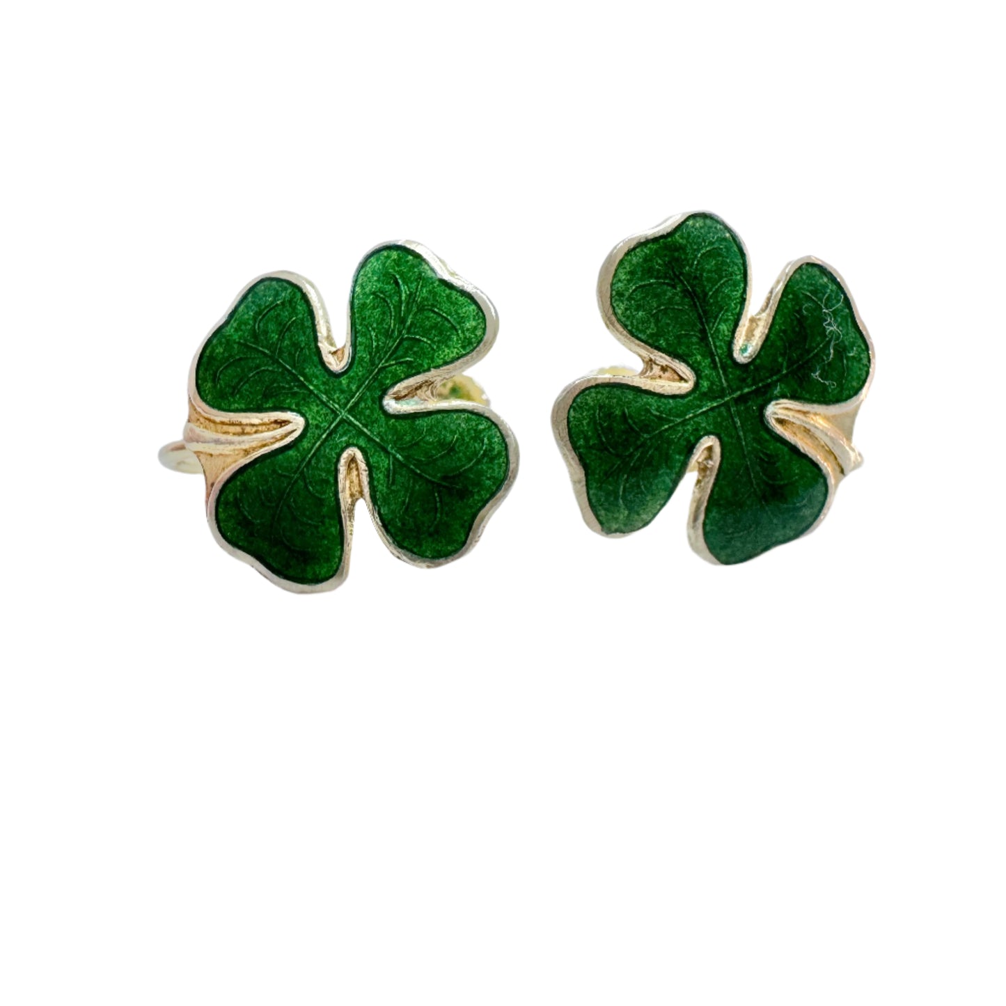 C.S, Denmark c 1940-50s. Solid Silver Green Enamel Four-leaf Clover Earrings.