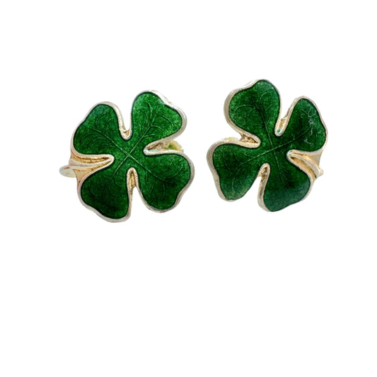 C.S, Denmark c 1940-50s. Solid Silver Green Enamel Four-leaf Clover Earrings.
