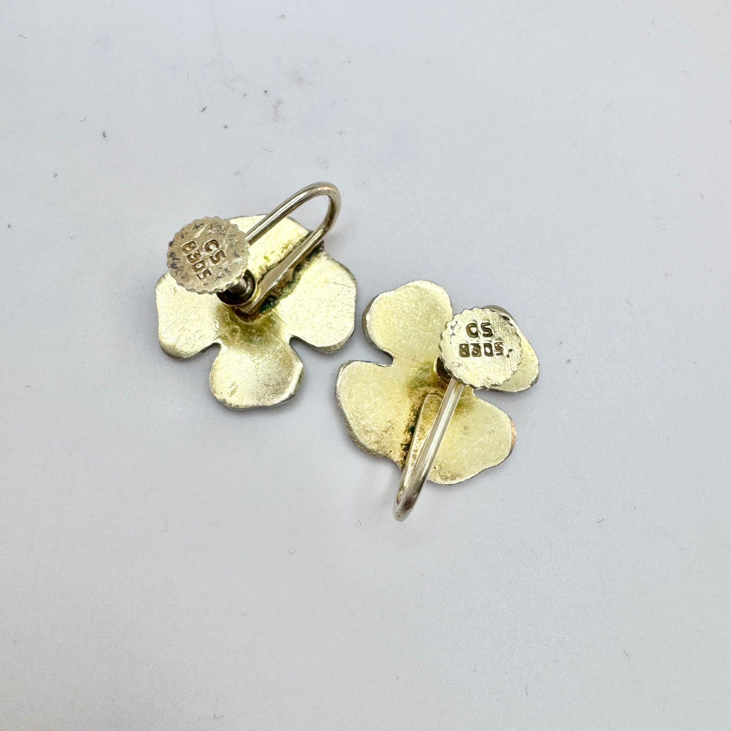 C.S, Denmark c 1940-50s. Solid Silver Green Enamel Four-leaf Clover Earrings.