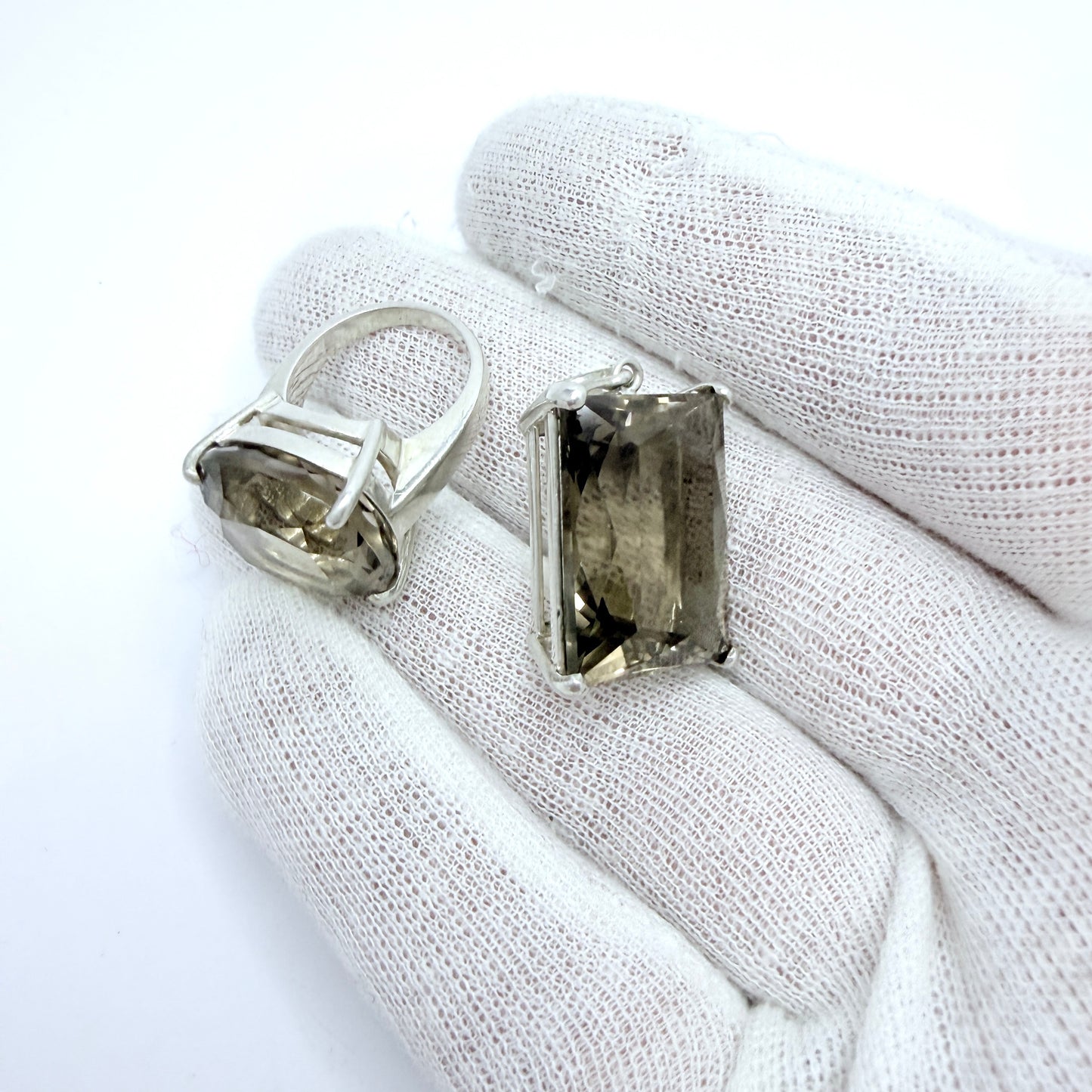 Vintage Sterling Silver Smoky Quartz Ring + Pendant.
