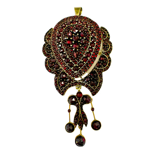 Large Antique Victorian Bohemian Garnet Gilt Metal Pendant.