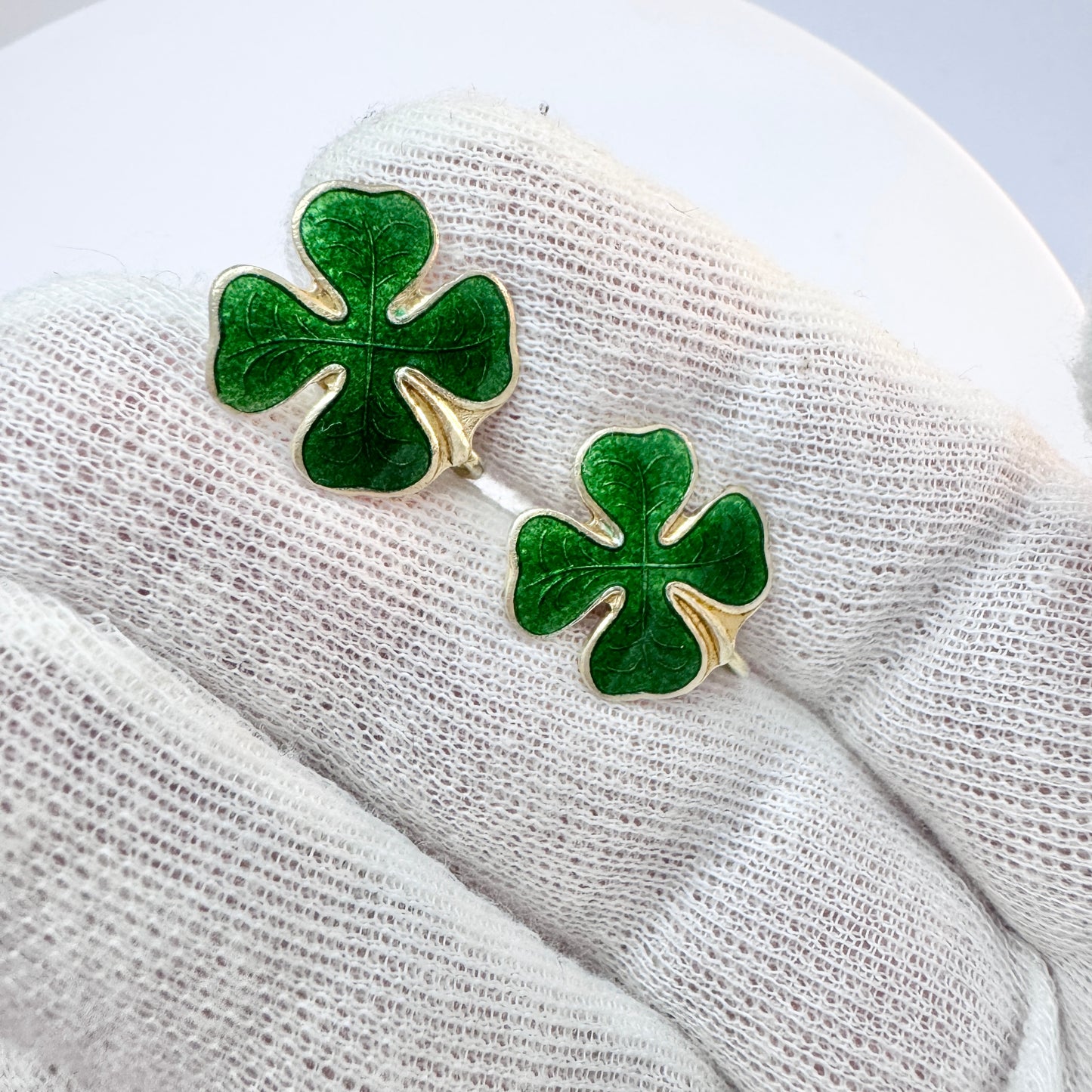C.S, Denmark c 1940-50s. Solid Silver Green Enamel Four-leaf Clover Earrings.