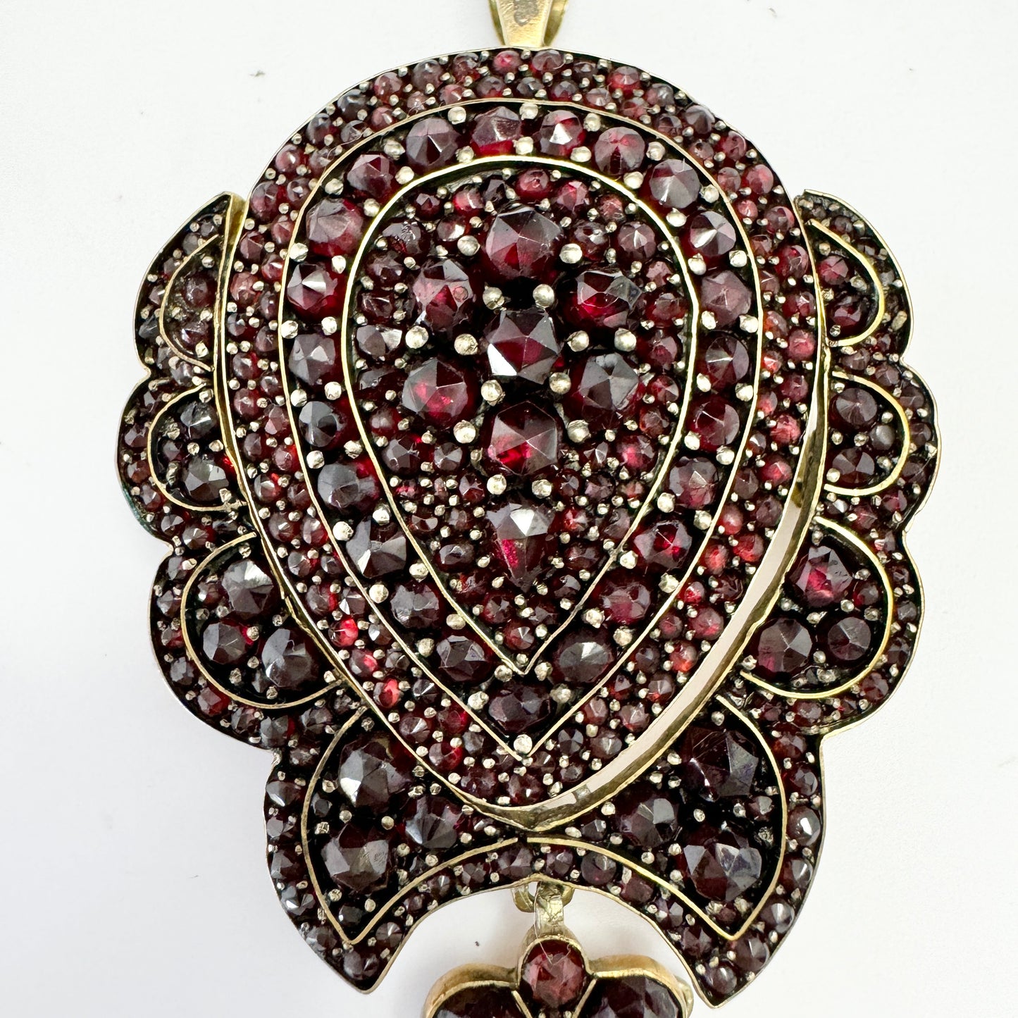 Large Antique Victorian Bohemian Garnet Gilt Metal Pendant.