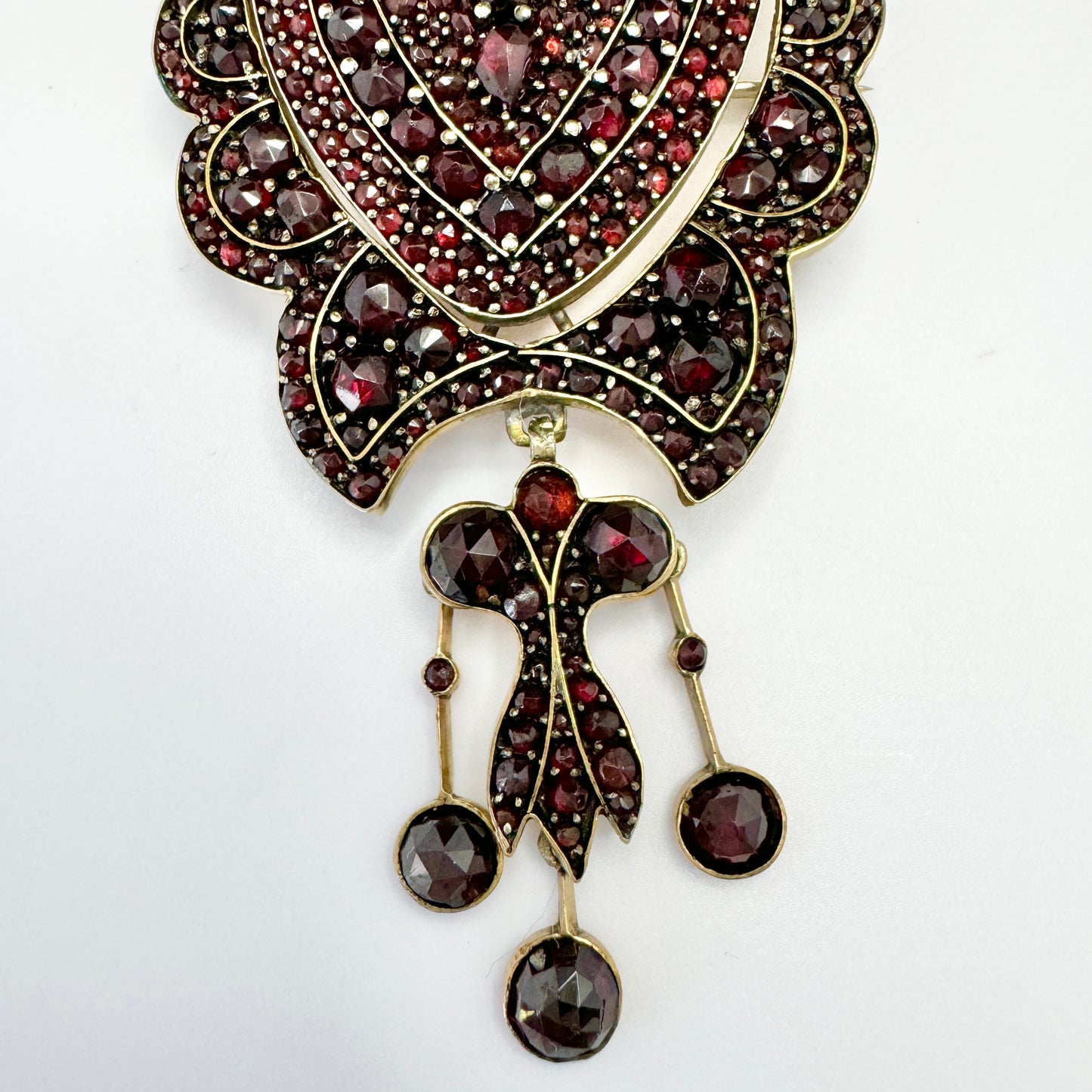 Large Antique Victorian Bohemian Garnet Gilt Metal Pendant.