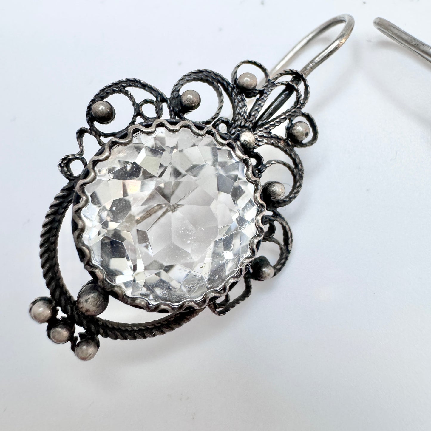 USSR. Vintage Solid Silver Rock Crystal Large Earrings.