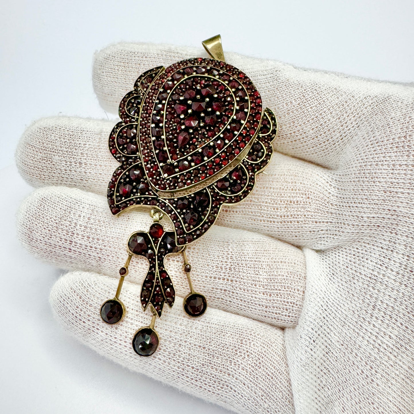 Large Antique Victorian Bohemian Garnet Gilt Metal Pendant.