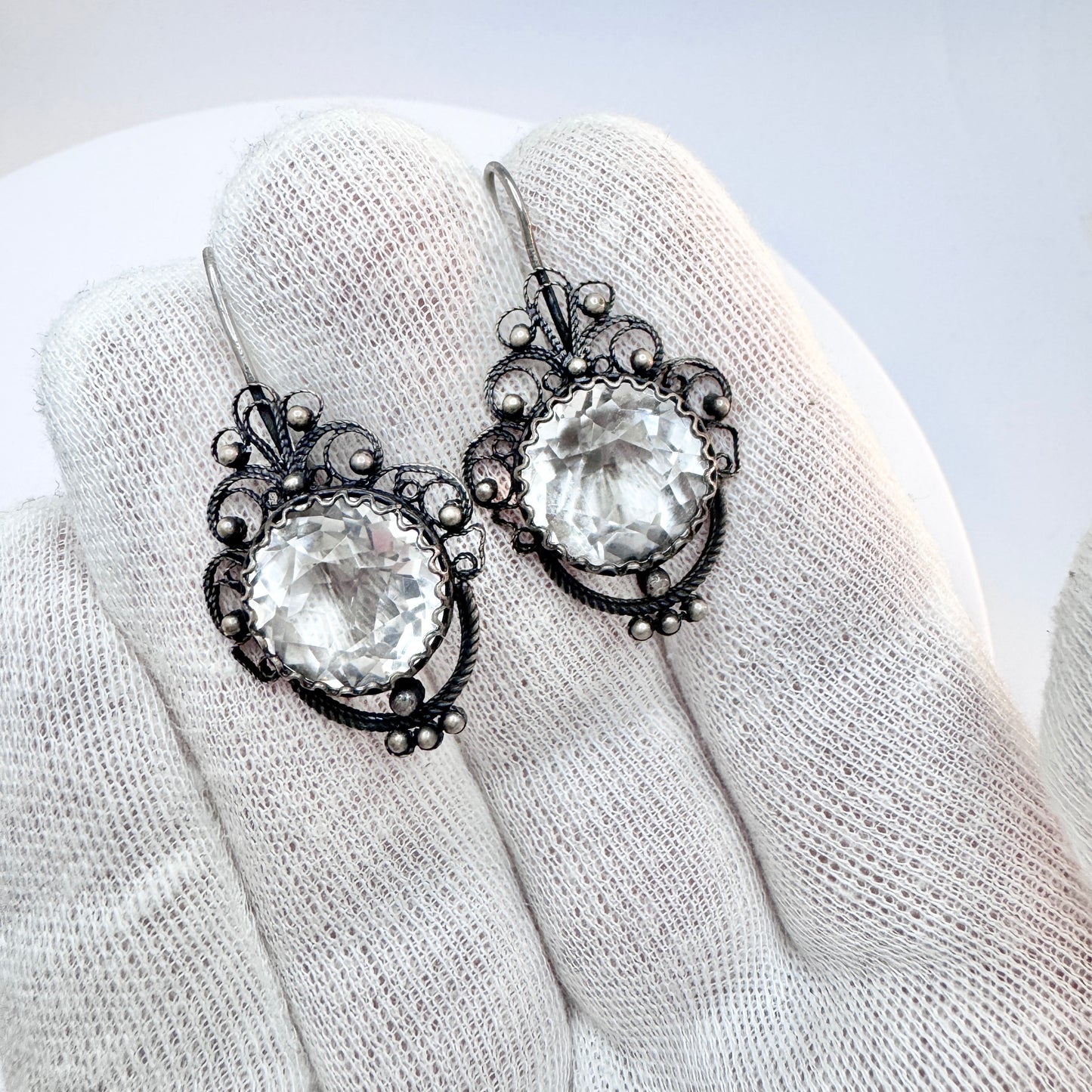 USSR. Vintage Solid Silver Rock Crystal Large Earrings.